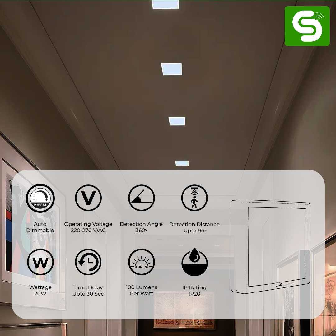Radar Motion Sensor LED Panel Light | Surface Mount Square Panel Light with Auto Dimmable Functionality | IP20 | 20W