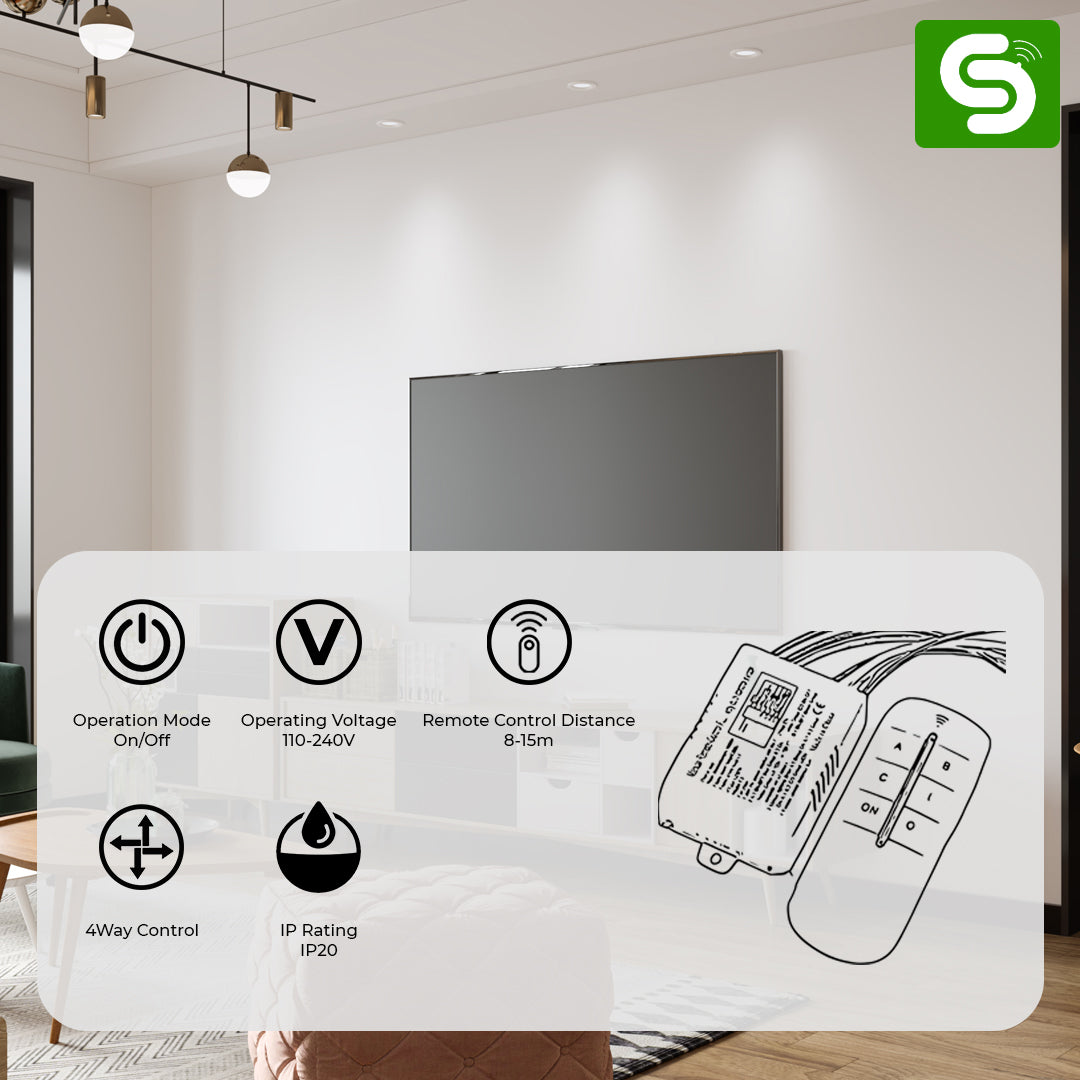 4-Way Remote Control Switch – Manual & Head Control | 110–240V AC | 8–15m Range | ESY-TC35