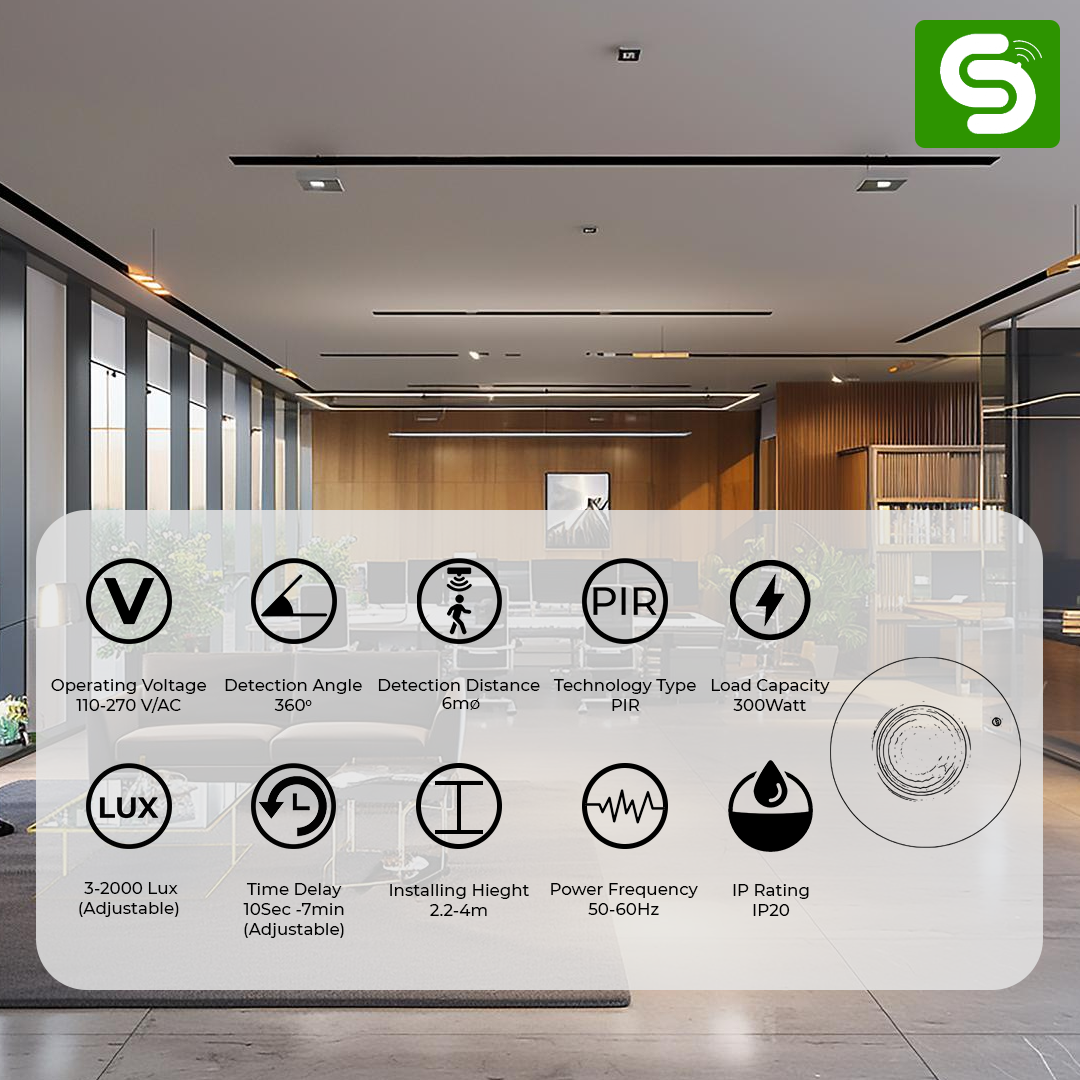 360° Ceiling-Mount PIR Motion Sensor Switch | 6M Detection Range | Auto On/Off | Adjustable Delay & Light Sensitivity | 300W Load Capacity | P32