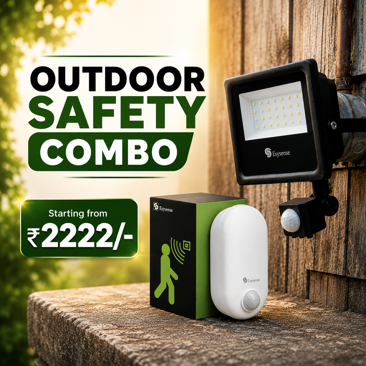 ESYSENSE Outdoor Safety Combo | 20W Motion Sensor Floodlight + 12W Motion Sensor Bulkhead light