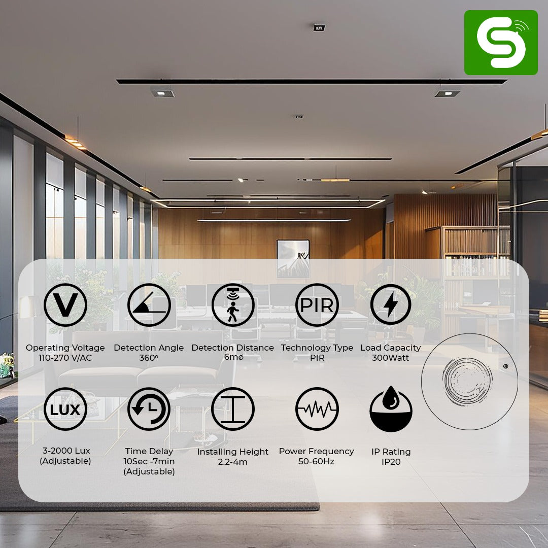 360° Ceiling-Mount PIR Motion Sensor Switch | 6M Detection Range | Auto On/Off | Adjustable Delay & Light Sensitivity | 300W Load Capacity | P32