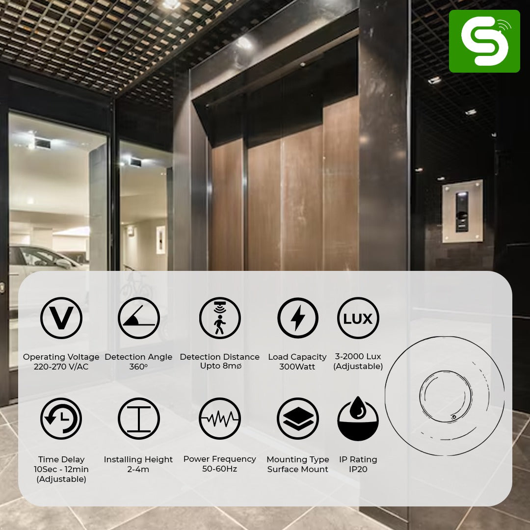 Microwave Radar Motion Sensor | Surface Mount | 360° detection angle | 300W Capacity | Upto 8m Detection Range | ESY-M10