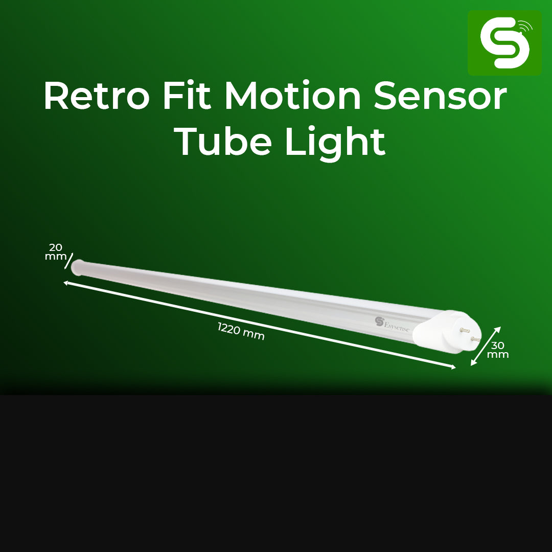 Retro fit motion sensor tube light with dimensions on a green background Retrofit motion sensor tubelight, motion sensor tubelight, auto on/off motion sensor tubelight, auto dimmable motion sensor tubelight
