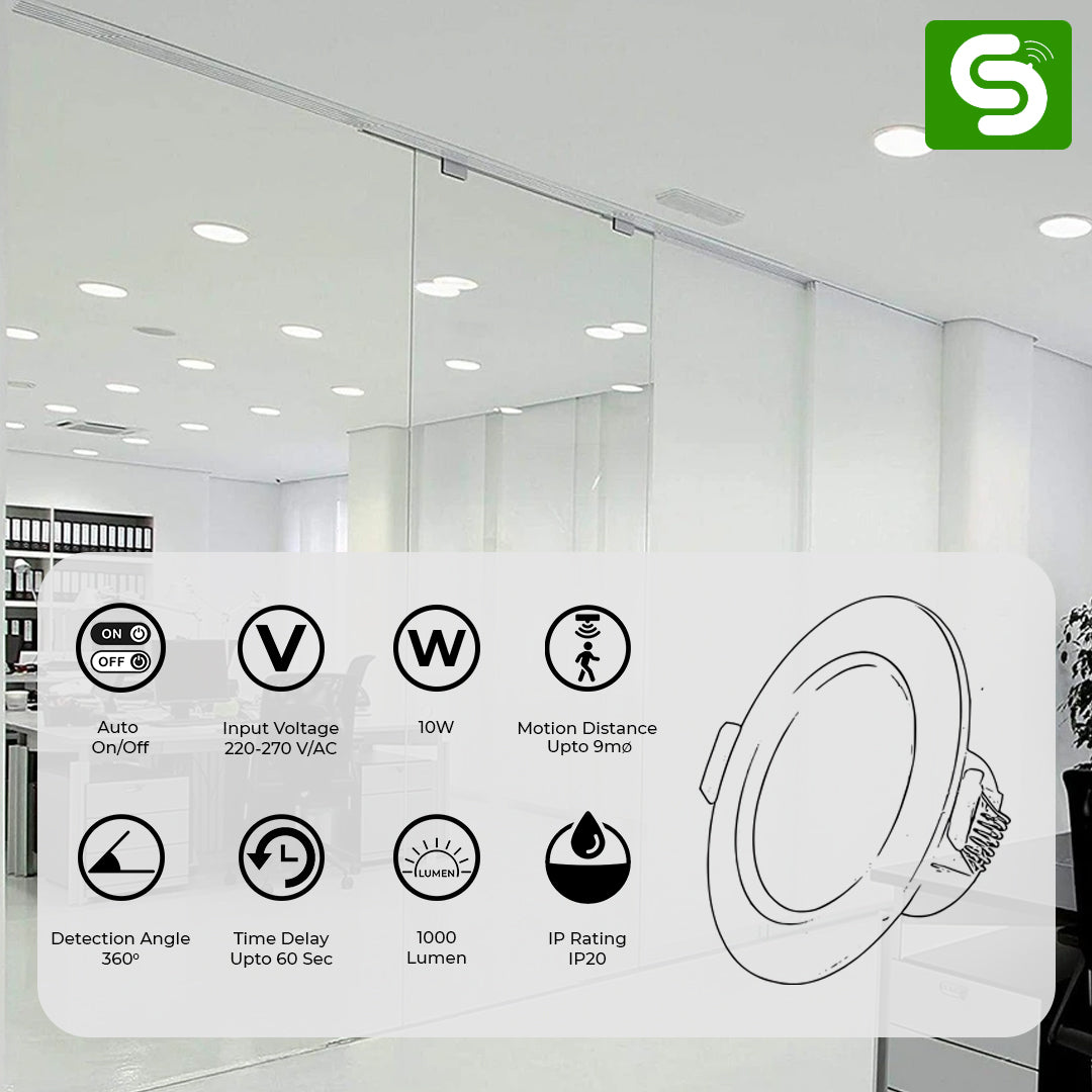 10W concealed LED downlight with 360 degree radar motion sensor IP20 indoor ceiling light