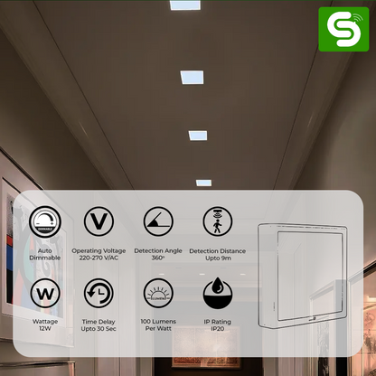 Motion Sensor LED Panel Light | Radar Surface Mount Square Panel Light with Auto Dimmable Functionality | IP20 | 12W