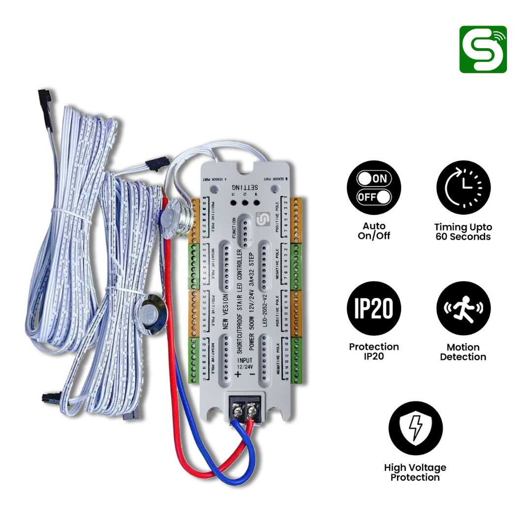 ESYSENSE | 32 Channel Staircase Controller | 12V/24v Adapter | 2 PIR Sensors, and Input/Output Cables