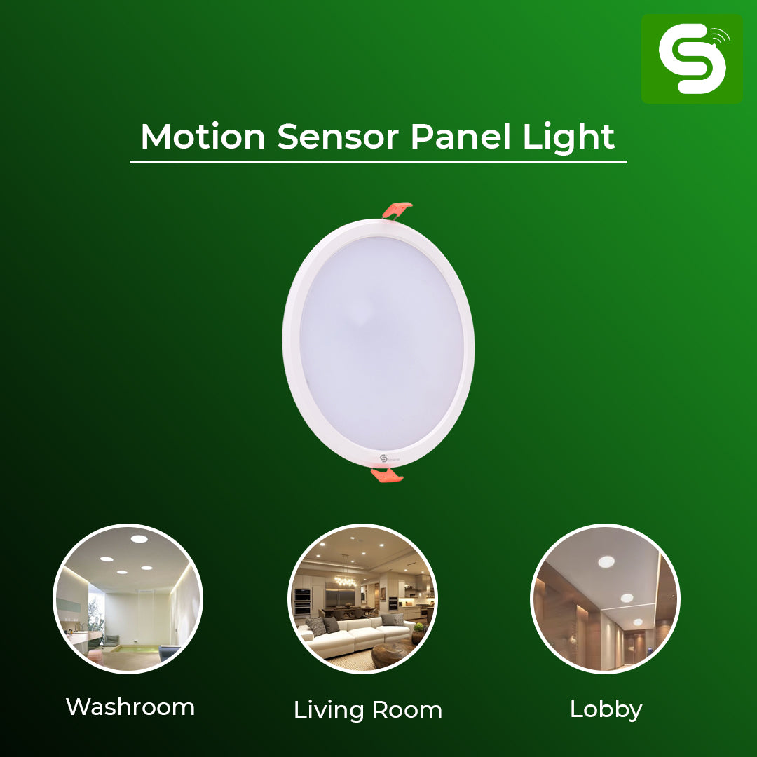 Motion Sensor Round Panel Light displayed with application examples in washroom, living room, and lobby.