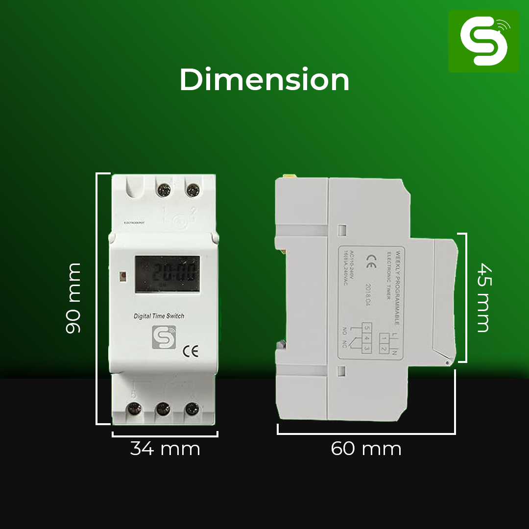 Esysense ESY-TC32 programmable timer relay switch showing 16 ON/OFF program configuration interface
