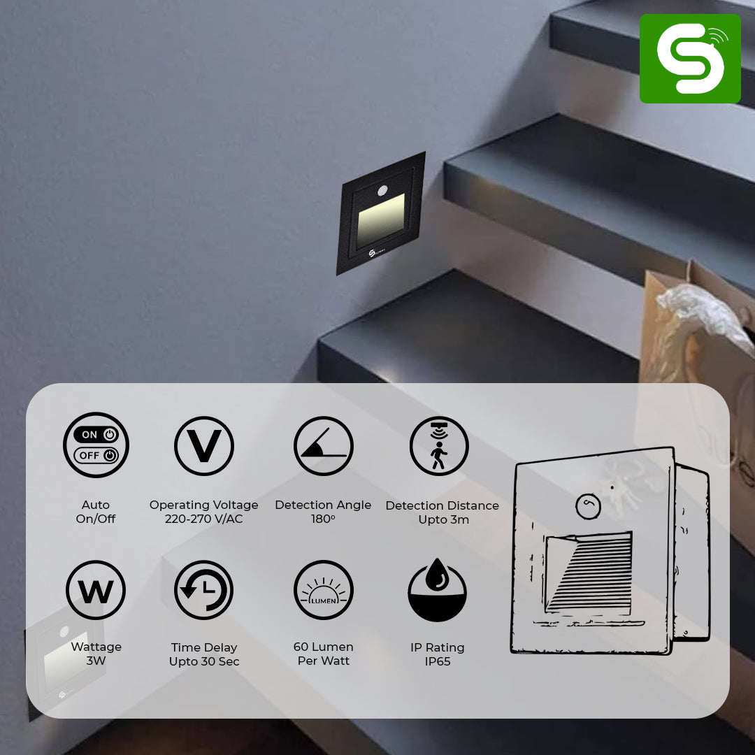 Esysense 3W PIR motion sensor foot light installed on wall near staircase – auto on/off LED
