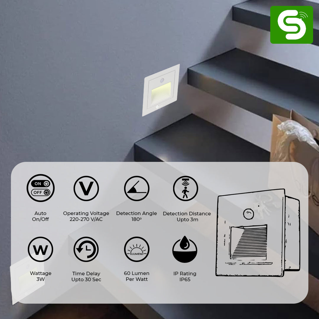 Esysense 3W motion sensor foot light glowing on dark staircase wall – soft LED night lighting