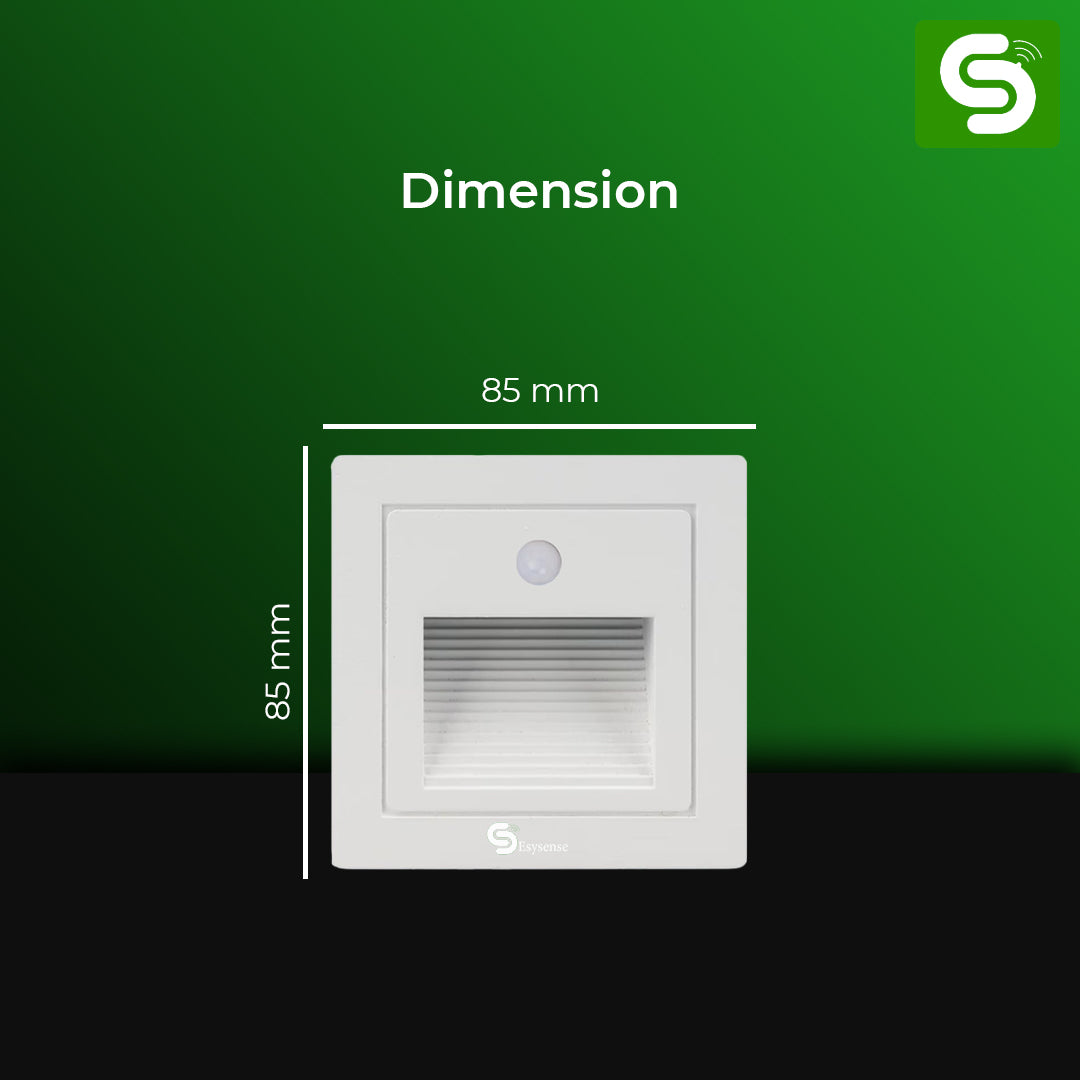 Esysense 3W foot light black body dimensions – 85mm x 85mm square PIR motion sensor light