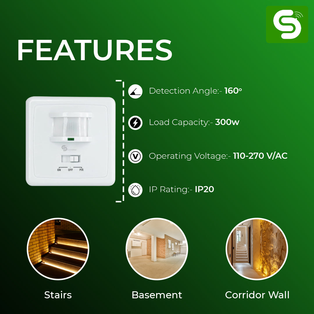 PIR Wall Mount Concealed Motion Sensor, 160° Wall Mount PIR Motion Detector, Upto 6m Detection Range, Motion sensor, motion sensor wall mount, concealed wall mount, concealed motion sensor light