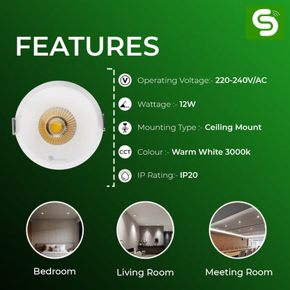 Esysense 12 W LED COB Light | Warm White Light | Recessed Ceiling LED Light