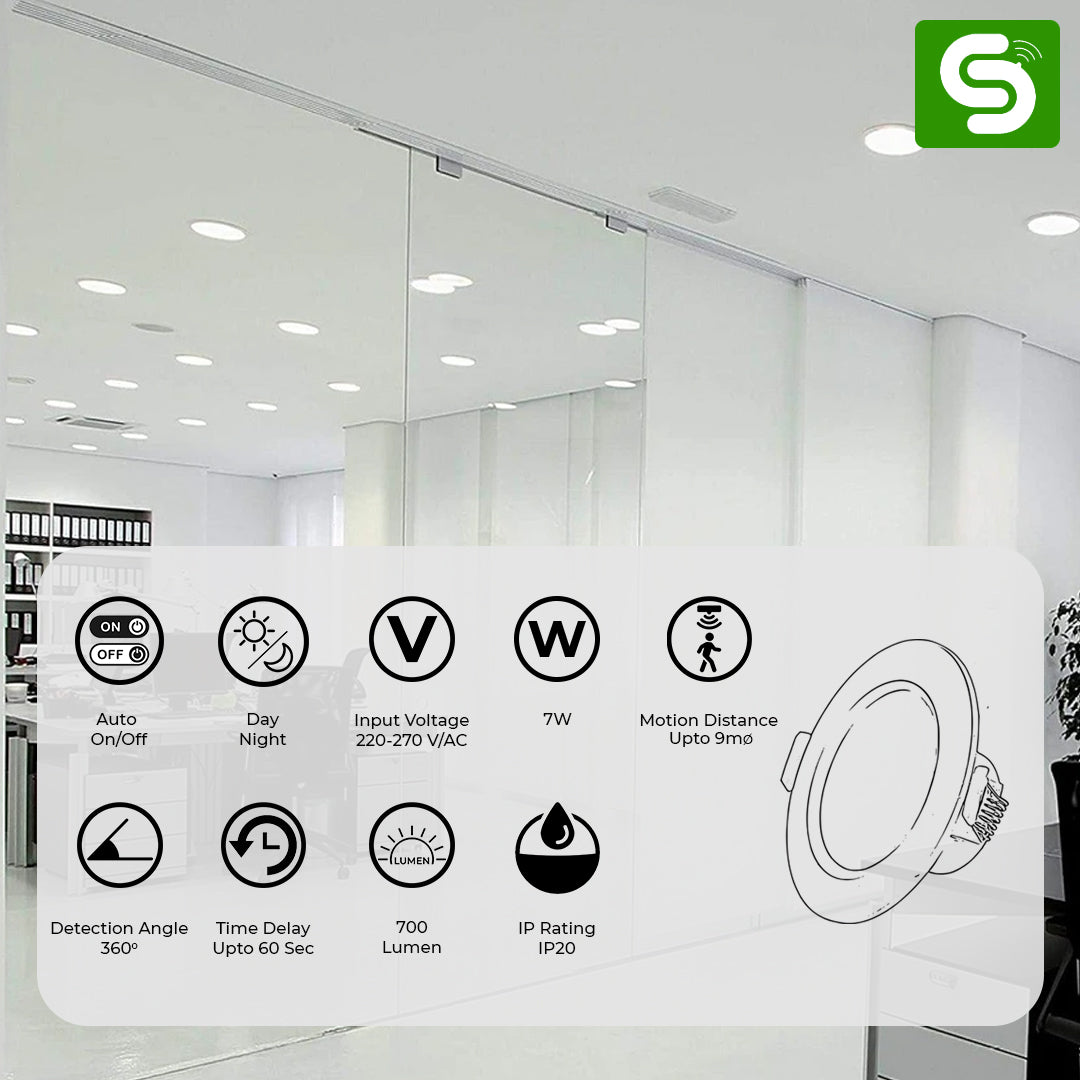 Motion Sensor Concealed Downlight | Radar motion sensor Ceiling mount downlight | Auto On/Off & Day Night Functionality | IP20 | 7W