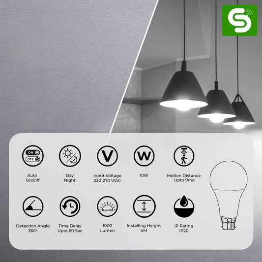 Motion Sensor Bulb with Auto on/off + Day/Night | B22 | 10W
