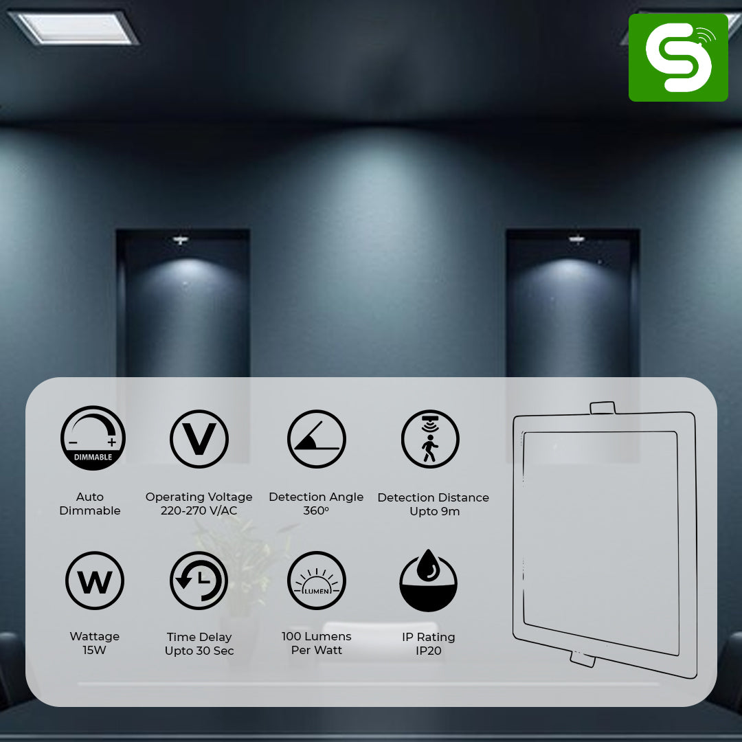 auto dimmable motion sensor square panel 15W adjusts brightness on occupancy energy saving India