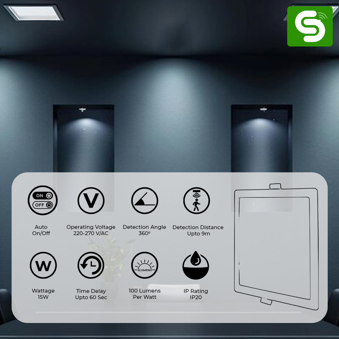 Esysense Motion Sensor Concealed Square Panel Light 15W with 9m Motion Detection Range and Auto On/Off