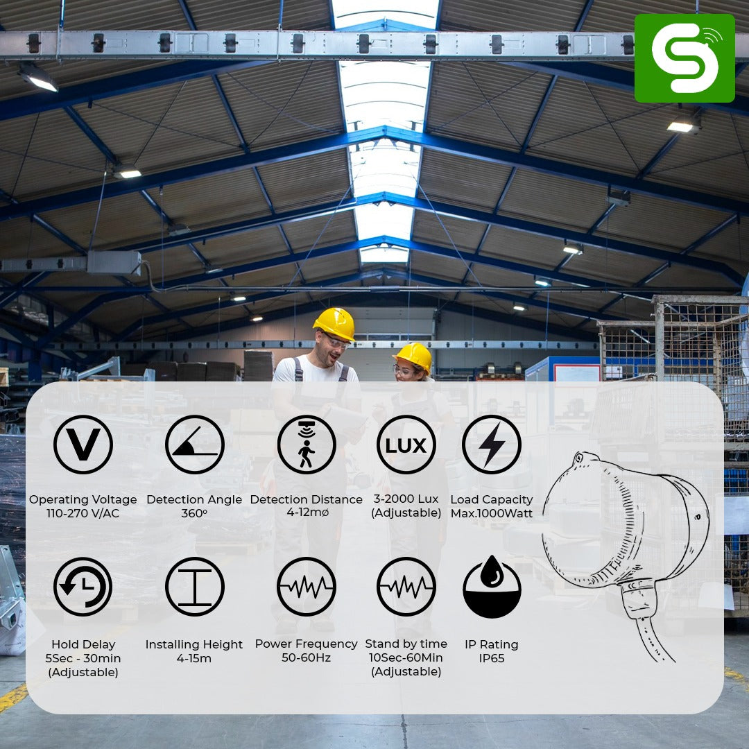 Automatic Motion Activated Radar Sensor installed in High Ceiling Factory