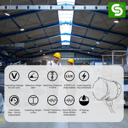 Automatic Motion Activated Radar Sensor installed in High Ceiling Factory