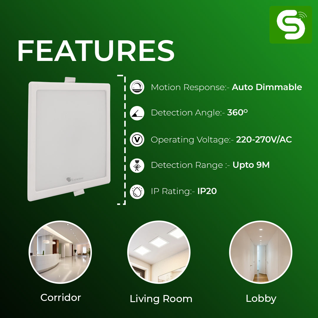 Light sensor with features listed on a green background, motion sensor panel light, esysense motion sensor panel light, concealed mount motion sensor panel light, ceiling mount motion sensor panel light recessed mount panel light 

