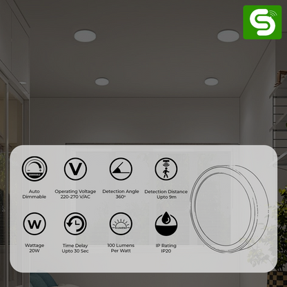 Esysense 20W round motion sensor LED panel light IP20 360 degree 9m detection surface mount