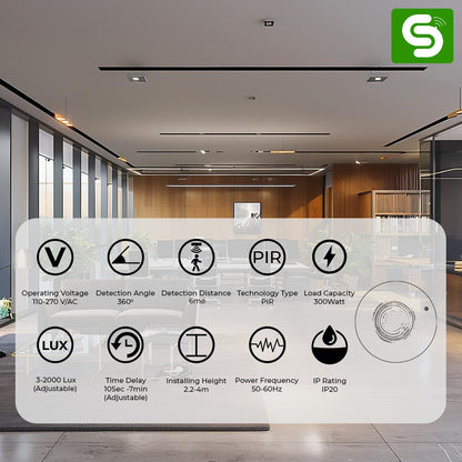 360° Ceiling-Mount PIR Motion Sensor Switch | 6M Detection Range | Auto On/Off | Adjustable Delay & Light Sensitivity | 300W Load Capacity | P32