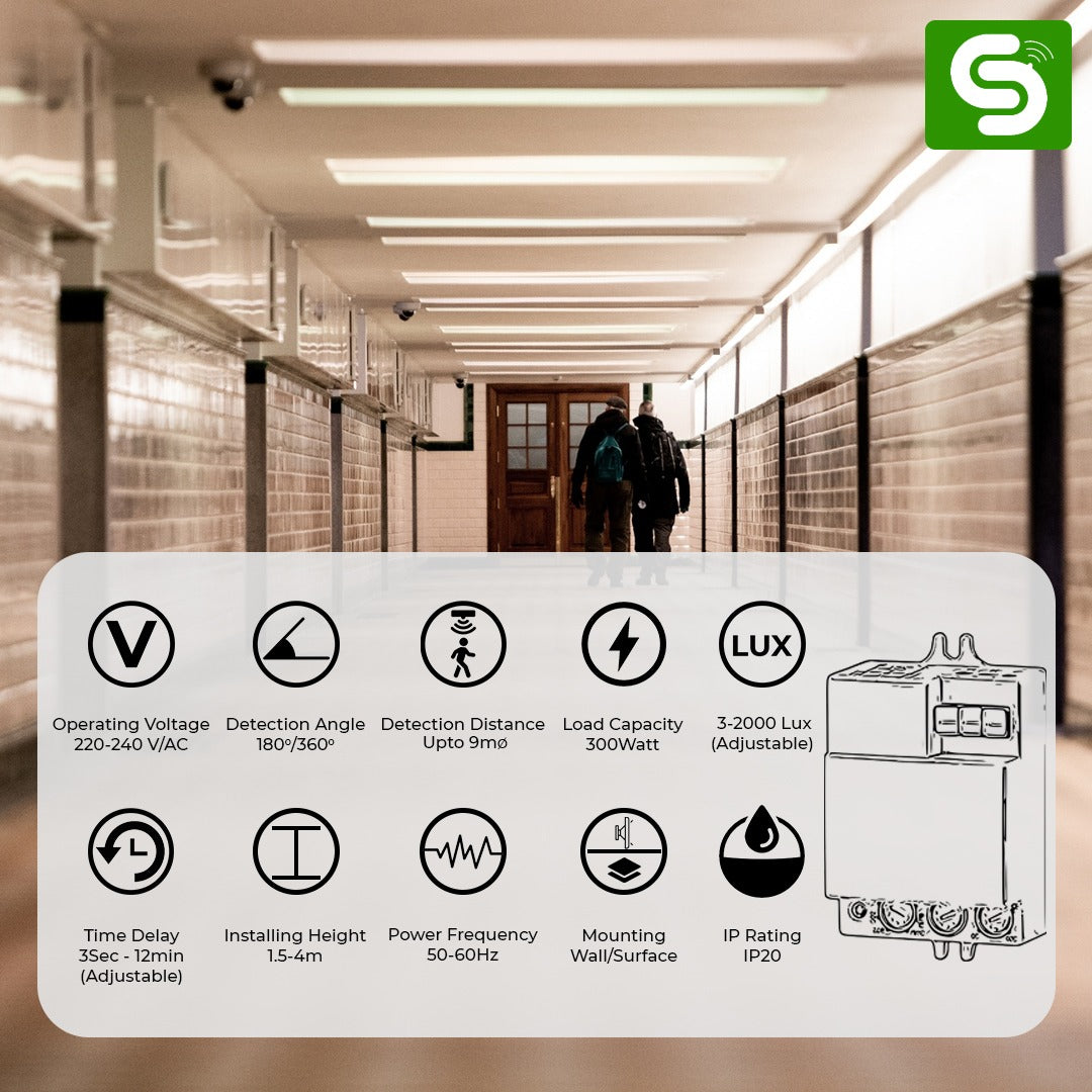 Microwave Motion Sensor, 180°/360° Detection, 220-240V AC, Adjustable Sensitivity & Timer, ESY-M11