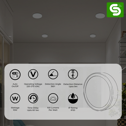Auto On Off 10W Surface Round Panel – Instant Motion Activation, 60s Auto Shutoff