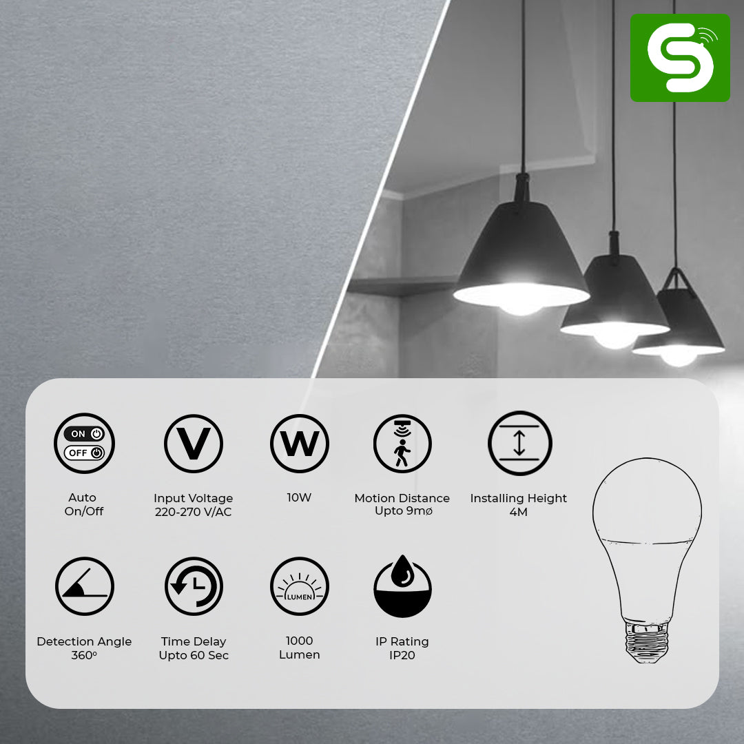 10W E27 Radar Motion Sensor Bulb Auto On Off – 9m Detection Range, 360° Sensing, 60 Second Delay