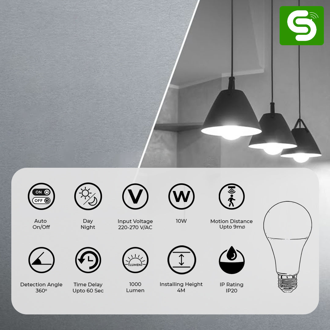 10W E27 Radar Motion Sensor Bulb – Auto On Off, Works Only at Night, 9m Detection Range, 220V–270V AC