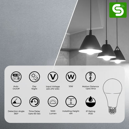 10W E27 Radar Motion Sensor Bulb – Auto On Off, Works Only at Night, 9m Detection Range, 220V–270V AC