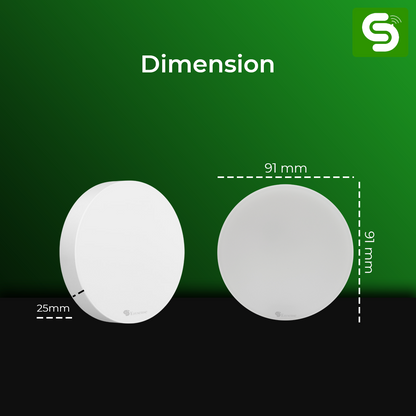 Motion Sensor Rimless Panel Light dimensions showing 25mm thickness and 91mm diameter on a green background.