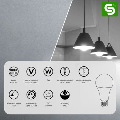 7W E27 Auto On Off Motion Sensor Bulb – Powers On with Motion, Off After 60 Seconds, Energy Saving