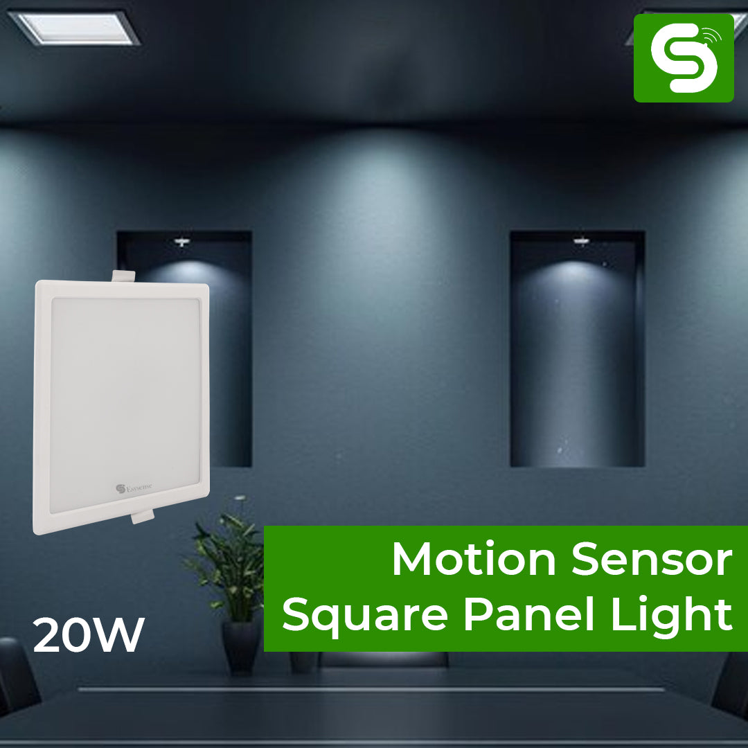 Motion sensor square panel light in a dark room with a green label.motion sensor panel light, esysense motion sensor panel light, concealed mount motion sensor panel light, ceiling mount motion sensor panel light recessed mount panel light 
